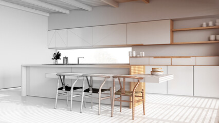 Architect interior designer concept: hand-drawn draft unfinished project that becomes real, modern wooden kitchen. Beams ceiling, japandi minimal style