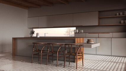 Dark late evening scene, modern wooden kitchen. Island with cabinets, chairs and resin floor. Beams ceiling, japandi minimal interior design