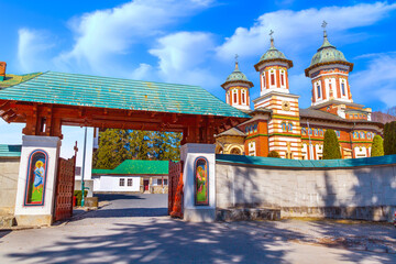 Sinaia Monastery on Prahova Valley, Carpathian Mountains, Romania. - obrazy, fototapety, plakaty