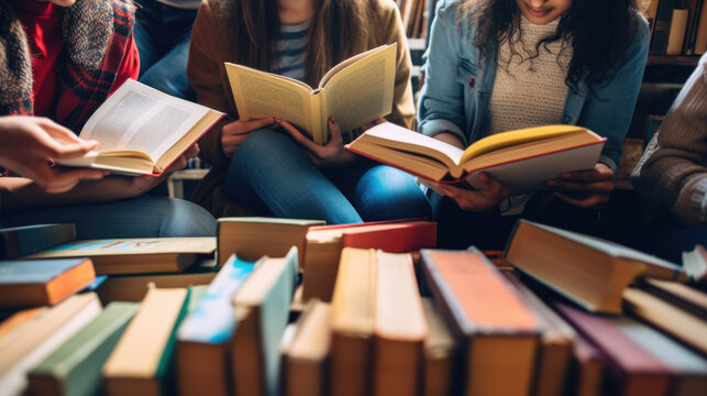 A group of friends reading books together. Created with Generative AI technology.