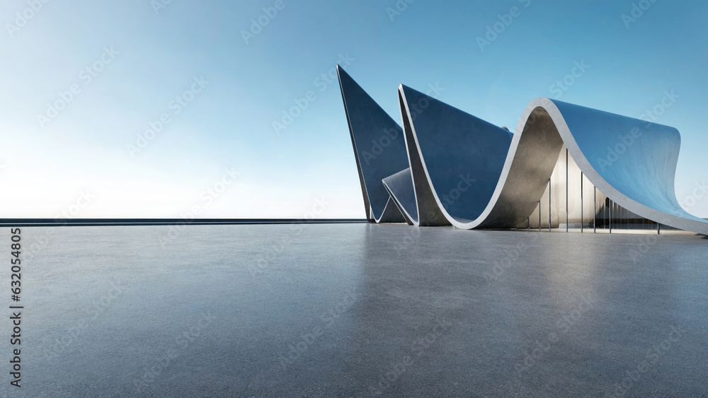 Poster 3d render of abstract futuristic architecture with empty concrete floor. Scene for car presentation.