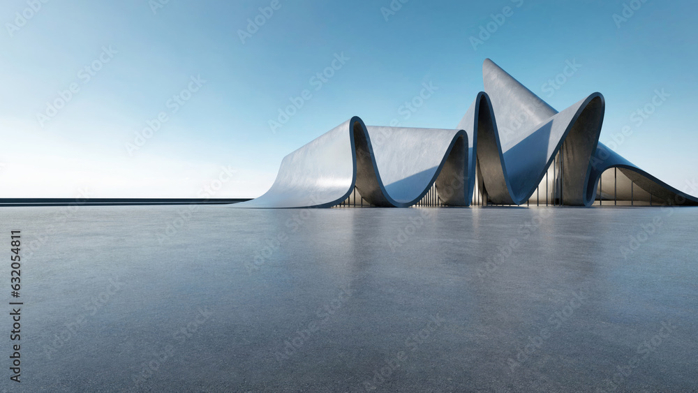 Fototapete 3d render of abstract futuristic architecture with empty concrete floor. Scene for car presentation.