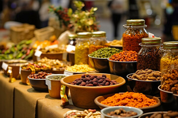 Fototapeta premium Abstract background with food and spices in the market