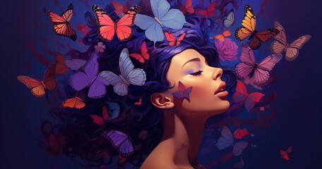 floral illustration of woman with butterflies and flowers in her hair, blue and purple hues