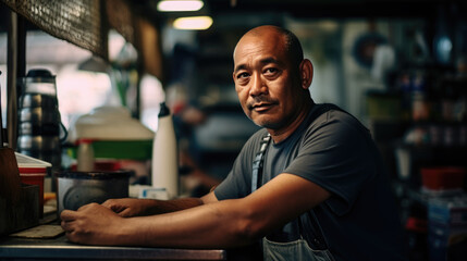 Fototapeta na wymiar Asian business owner sitting in his cafe.