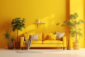 Living room with sofa and dry plants against bright yellow walls. generative ai