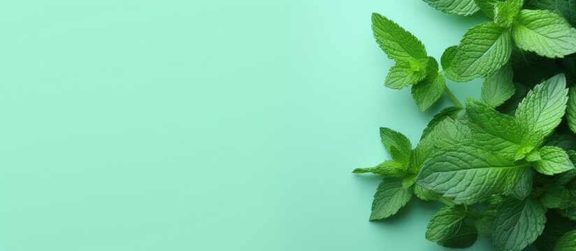A bunch of mint herbs, fresh peppermint leaves, is seen on a trendy green background with copy space in a top view.