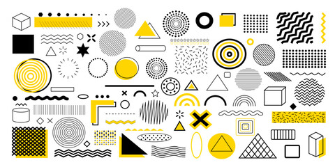 Set of geometric shapes. Memphis design retro elements. Collection trendy halftone geometric shapes. Retro funky graphic, 90s trends designs and vintage print element collection – stock vector