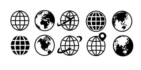 Big collection Earth globes. Black and Color Globes. Globe and Earth icon set. World map. Planet. Vector illustration