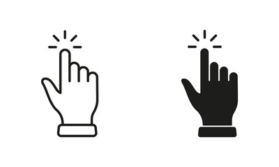 Fototapeta premium Press Gesture, Hand Cursor for Computer Mouse Line and Silhouette Black Icon Set. Click, Tap, Touch, Point Sign Collection. Pointer Finger Pictogram on White Background. Isolated Vector Illustration
