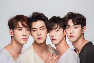group of a young korean men with clean fresh skin on white studio background, Face care, Facial treatment