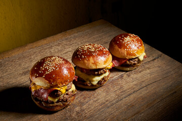 Juicy American cheeseburgers and fries.
