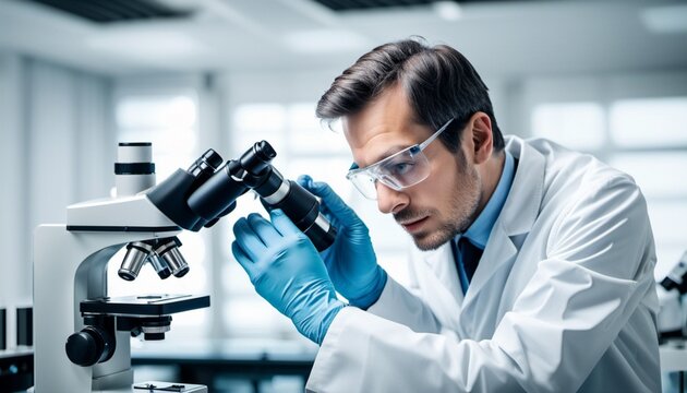 Scientist researcher using microscope in laboratory. Medical healthcare technology and pharmaceutical research and development concept