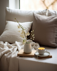 Fototapeta na wymiar A soft oatmeal colored pillow cushion lightly wrapped in a white cotton blanket sitting atop a comfy gray sofa with a warm cup of