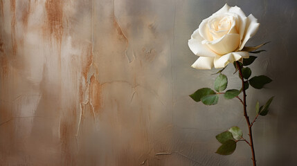 A single white rose against a weathered backdrop its petals lifting in the warm summer breeze.
