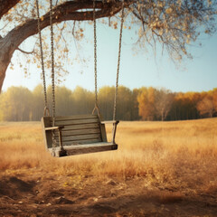 An empty swing swaying slowly in the breeze its occupant long gone the only sound a quiet squeaking of loneliness. - obrazy, fototapety, plakaty