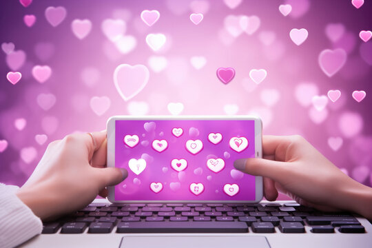A white screen with a pink and purple text bubble filled with different heart and check mark emojis floating in the air. Below it