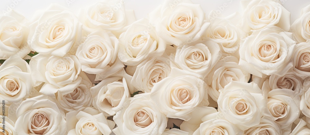 Poster a backdrop of white roses with a soft focus and copy space, perfect for a website header design.