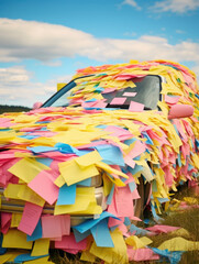 A car bumper covered in colourful handwritten postit notes gently blowing in the wind.