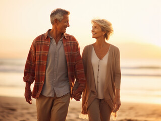 A midaged couple walking sidebyside on a beach at sunset their arms linked in quiet companionship.