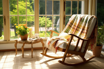 Fototapeta premium A wooden rocking chair situated in a large bay window with a blanket dd over it and a bright sunny view that beckons to be enjoyed