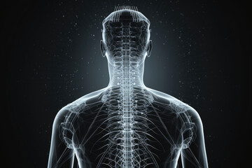 An xray of the spine exhibiting a delicate network of nerve pathways mirroring the human spine like a circuit board.