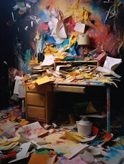 Naklejka na ściany i meble A desk overflowing with colorful jumbled papers some of them dropping to the floor as though they had been abandoned midtask.