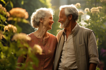 An elderly couple in a park the man looking up at his wife with a proud smile a background of healing herbs growing in the garden.
