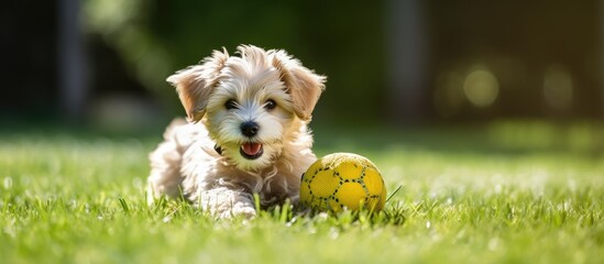 A small dog happily plays with a pet toy ball in the backyard lawn, with a panoramic crop and room for text.