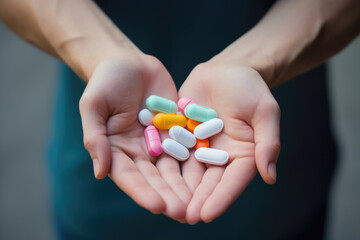 A hand clutching several tablets of paracetamol in the center of a rainbowcolored background symbolizing the soothing relief of the