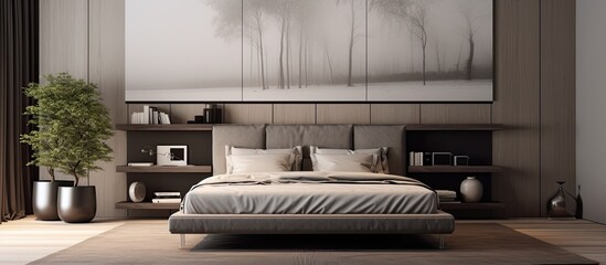 A stunning and contemporary bedroom with a blank wall to incorporate any desired text, logo, image, etc.