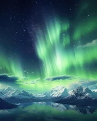 Zelfklevend Fotobehang the aurora borealis in the background with glaciers and snow, in the style of highly imaginative worlds, dark sky-blue and green, weathercore © ofri