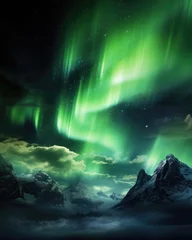  the aurora borealis in the background with glaciers and snow, in the style of highly imaginative worlds, dark sky-blue and green, weathercore © ofri