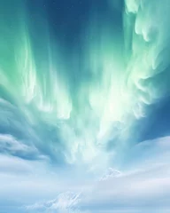 Fotobehang the aurora borealis in the background with glaciers and snow, in the style of highly imaginative worlds, dark sky-blue and green, weathercore © ofri