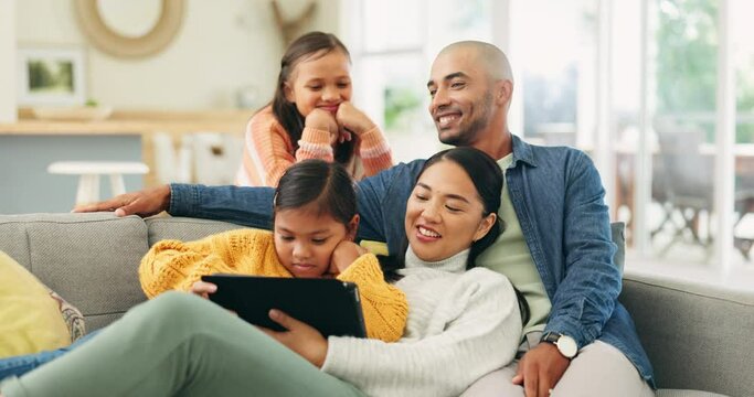 Happy family, couch and children streaming with parents on a tablet watching a show or movie with subscription online. Web, website and mother relax with kids and father on a sofa watching on an app
