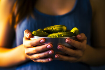 Inviting close-up of feminine hands gracefully holding a dish full of vibrant, enticing pickles. Ideal for culinary and lifestyle imagery. Generative AI