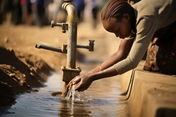 Drinking Water in Africa - Clean Water, Climate Change and Global Warming Issue - Generative AI - obrazy, fototapety, plakaty