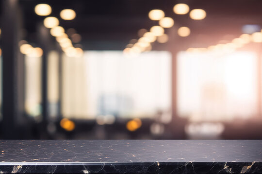 an empty tabletop made of black marble stone placed against the blurred background of an exercise room, creating a bokeh effect, fitness and gym concept