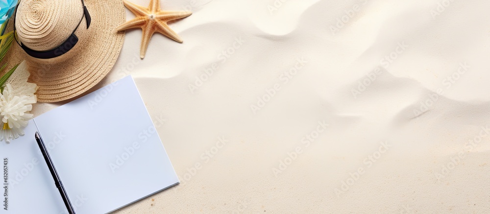 Poster a writing book with summer beach accessories on a background, space for writing. flat layout with ro