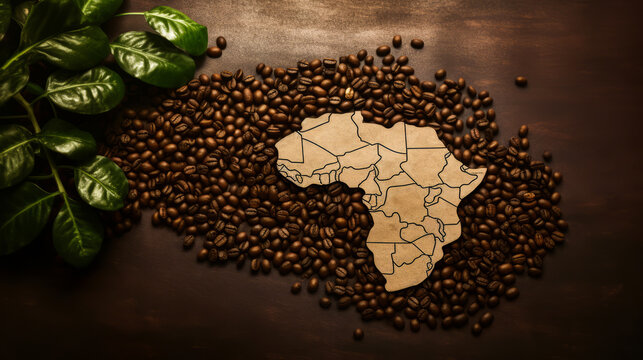 Vibrant Africa map highlighting rich coffee bean production across the continent, a stirring representation of geographical growth and biodiversity. Generative AI