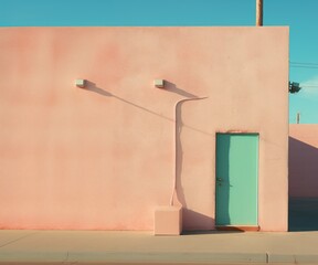  Minimalist urban house featuring a pastel pink wall, a light cyan closed door, all set against an unusual emerald sky. Ideal for commercial use in modern design contexts