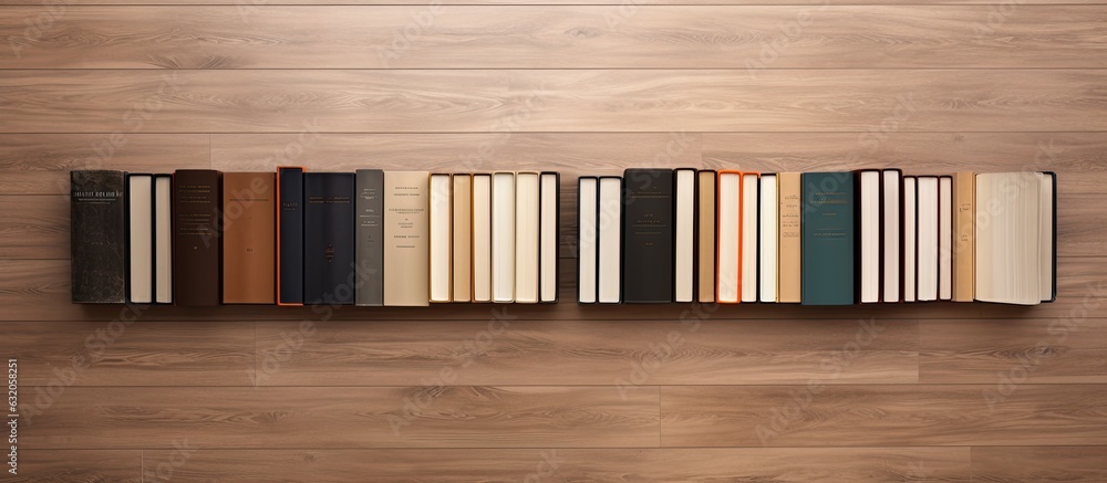Poster different books are arranged on a wooden floor, with a brown wood parquet background. empty space av