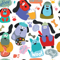 Seamless pattern with abstract  cute cartoon dogs, colorful doodle.Vector