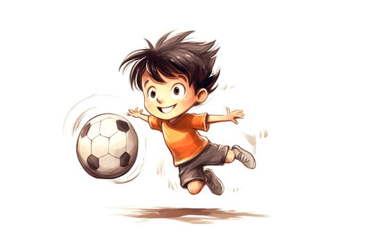 Charming image of a child playfully engaging with a ball, rendered in a delightful cartoon style against a clean, white backdrop. Generative AI
