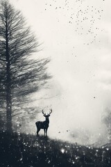 deer in a winter landscape with black and white color