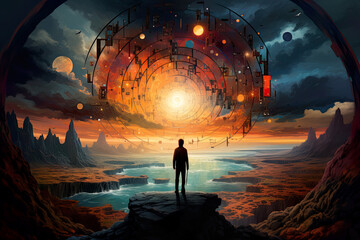 Fototapeta premium illustration of sunrise over the desert with abstract elements