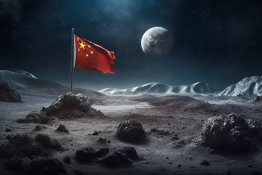 Historic Chinese flag waving in lunar breeze, signifying China's triumphant conquest of the Moon. Symbolism and emotion emanate from this striking lunar landscape. Generative AI