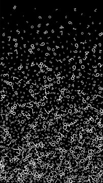 Falling numbers, big data concept. Binary white messy flying digits.