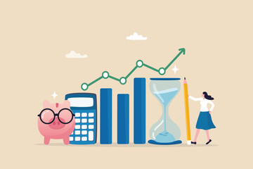 Financial planning, investment or wealth management, savings money or income and salary, budgeting plan for spending, debt and tax concept, woman planning for her savings with piggy bank growth chart. - obrazy, fototapety, plakaty