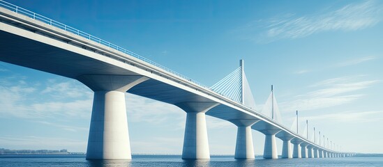 A photo of a bridge taken from a low angle with a blue sky in the background. represents civil engineering. - Powered by Adobe